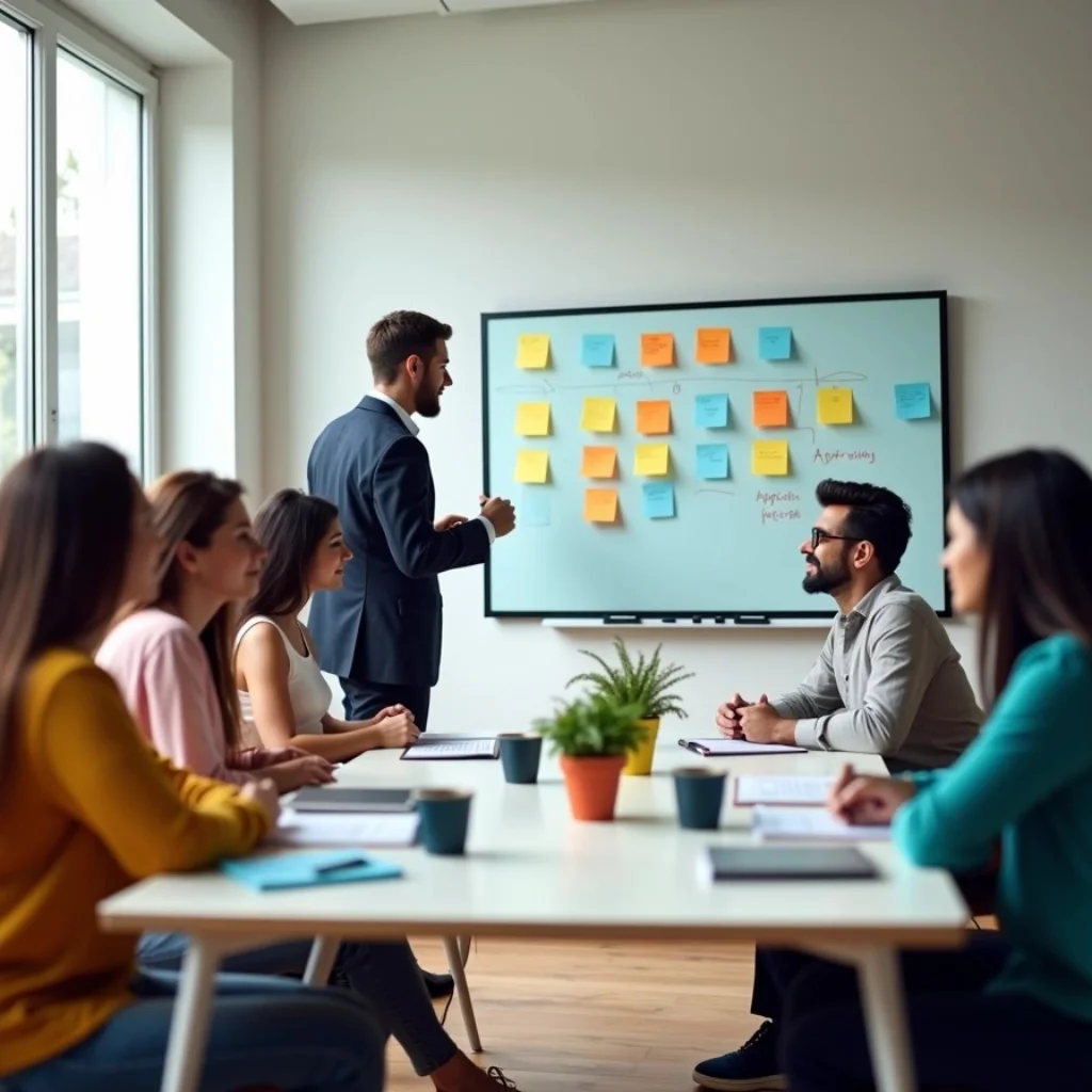 A group of people in a bright office room, focused on a man in a suit presenting ideas with sticky notes on a whiteboard, conveying collaboration.