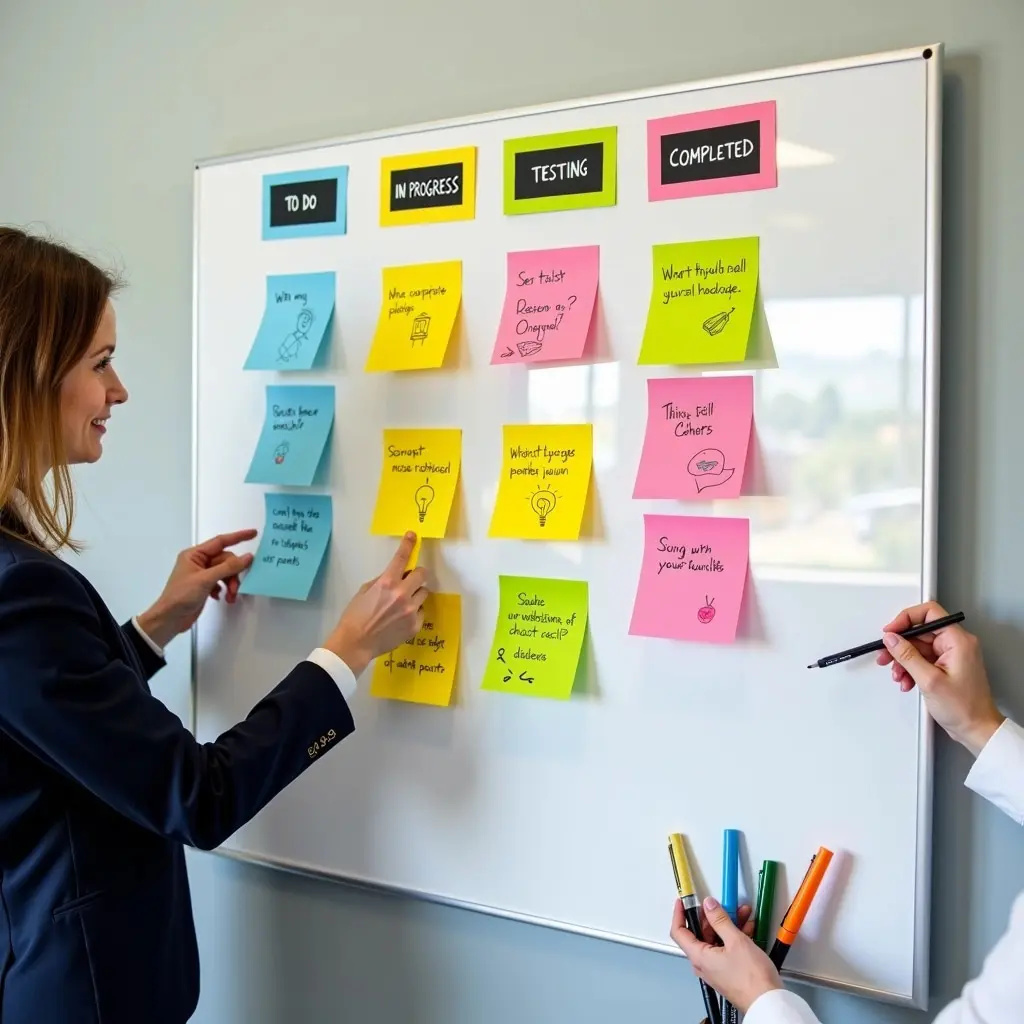 Two people collaborate at a whiteboard filled with colorful sticky notes categorized under "To Do," "In Progress," "Testing," and "Completed." They are engaged and focused, suggesting teamwork and productivity.