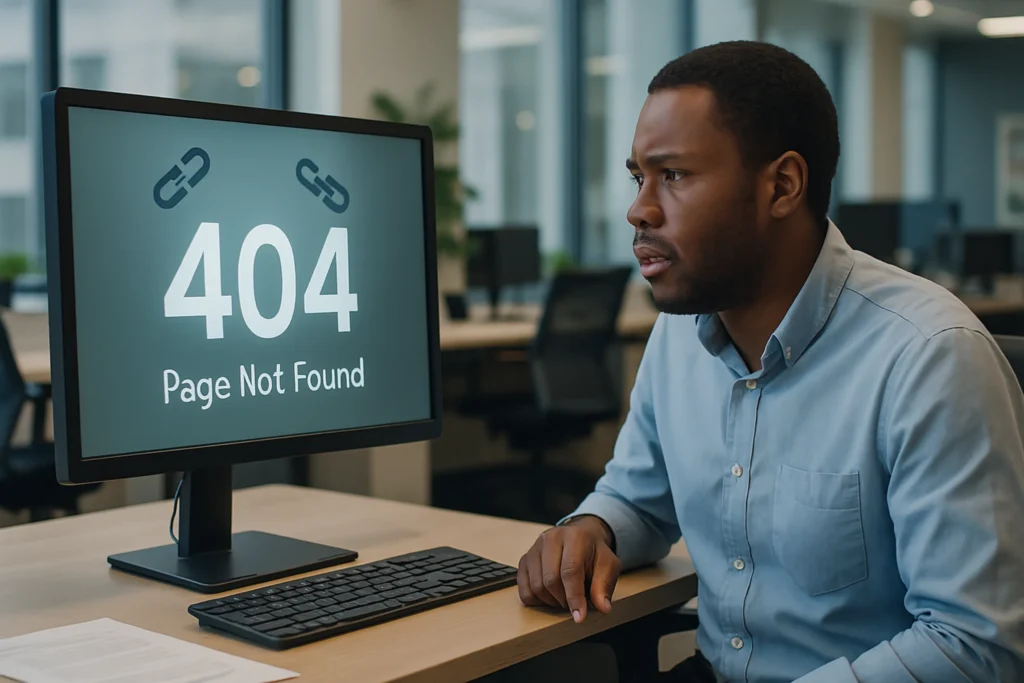 Broken Links A man looks concerned while sitting at a desk in an office, staring at a computer displaying a "404 Page Not Found" error message. The tone is frustrated.