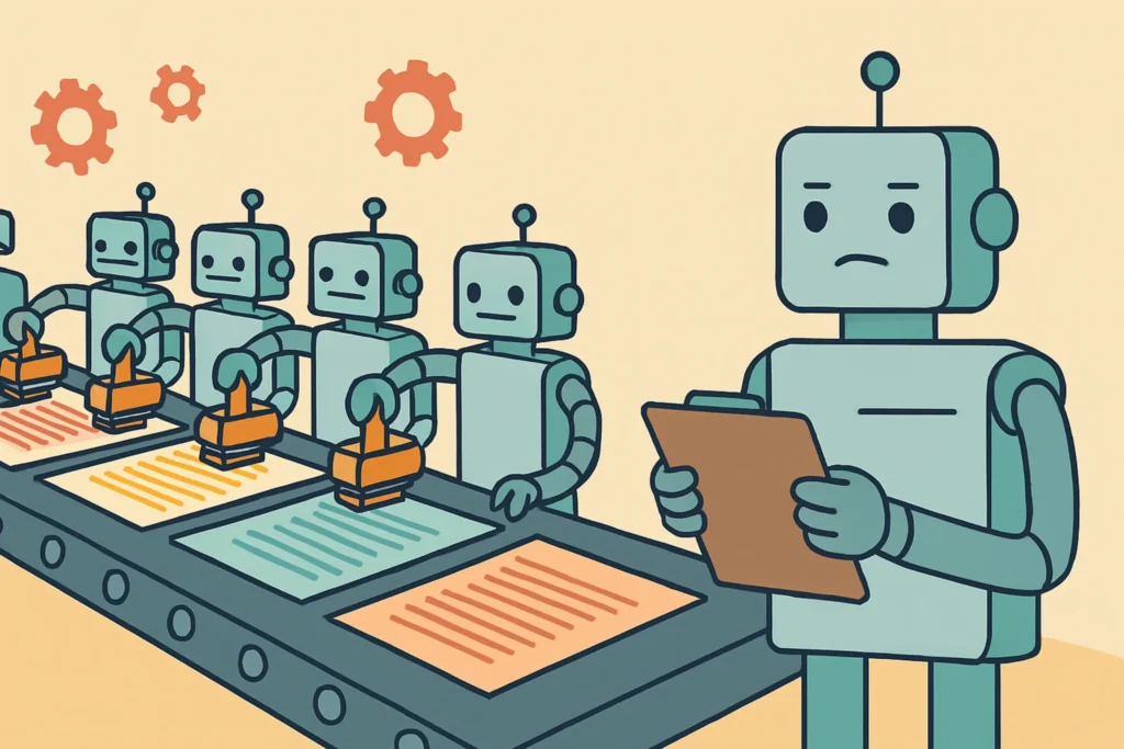 Duplicate Content Illustration of a robot assembly line, with a concerned robot holding a clipboard, overseeing others stamping papers. Gears float above. Tone is industrial.