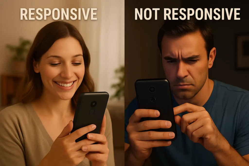 Ignoring Mobile Optimization Side-by-side images of a woman happily using a responsive phone and a man frustrated with a non-responsive phone, highlighting user experience differences.