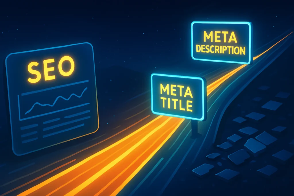 Neglecting Meta Tags Futuristic illustration of SEO featuring glowing signs labeled "SEO," "Meta Title," and "Meta Description" over a digital highway at night.