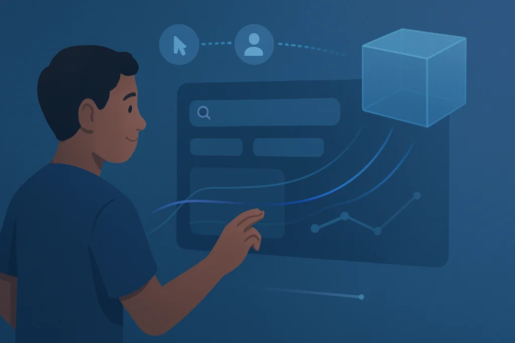 Not Tracking Analytics A person interacts with a digital interface, touching a search bar on a dark blue screen with graphs and a floating cube, conveying a tech theme.