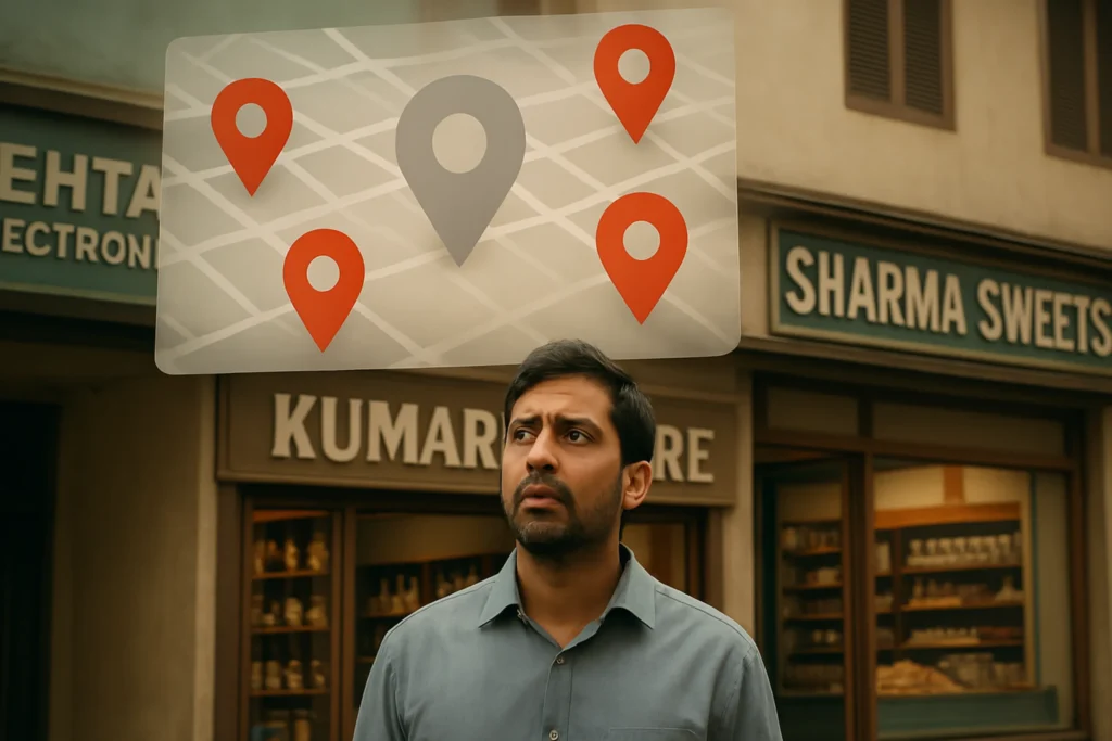 Overlooking Local SEO A man stands with a puzzled expression in front of store signs, overlayed with a digital map featuring red location pins. The mood is confused and searching.