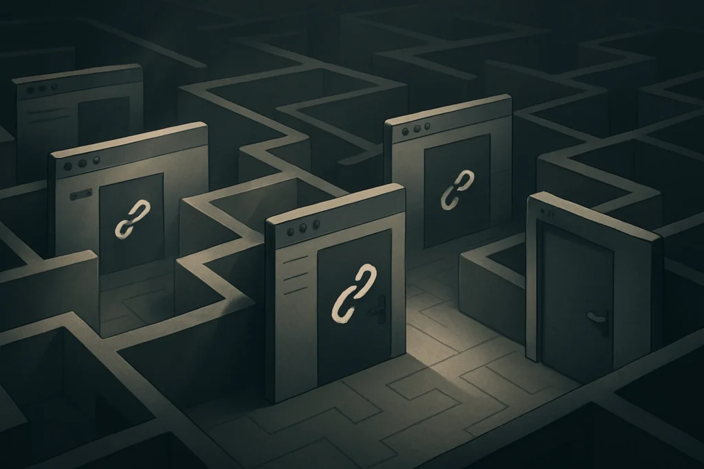 Poor Internal Linking Dim maze of web browser windows with link icons, suggesting complexity and entrapment. Soft lighting creates a mysterious, puzzling atmosphere.