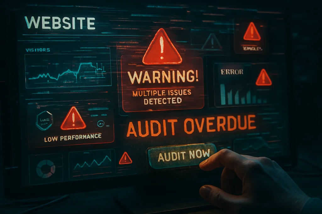 Skipping Regular Audits A computer screen displays warnings in red about website issues like "audit overdue" and "low performance." A hand reaches to click "audit now," conveying urgency.