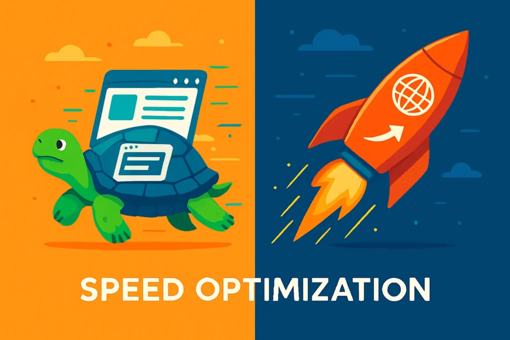 Slow Page Speed Illustration split into two halves: left shows a turtle with web pages on its shell, right shows a rocket with a globe icon, symbolizing speed optimization.