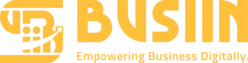 Yellow logo with bar chart and upward arrow forming a stylized "B," next to the bold text "BUSIIN." Tagline: "Empowering Business Digitally." Energetic tone.