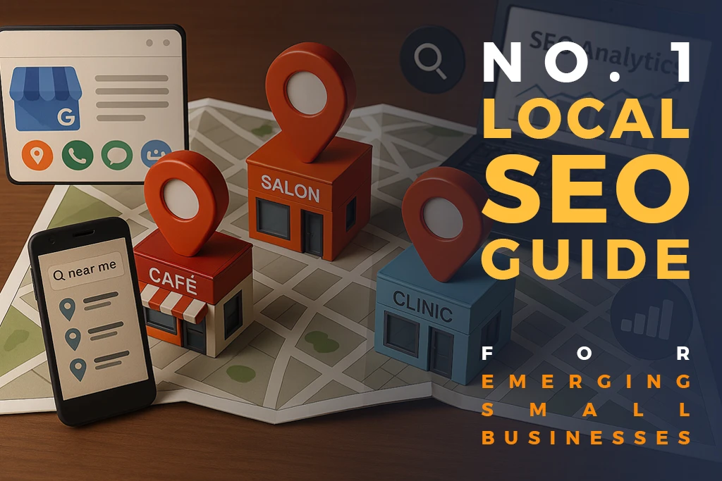3D map with location pins on buildings labeled "CAFE," "SALON," and "CLINIC." The smartphone displays a "near me" search. Title: "No. 1 Local SEO Guide for Emerging Small Businesses."